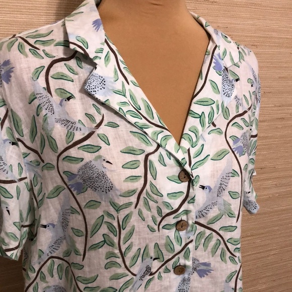 Novelty Blue Bird & Leaf Print 100% Linen Button-up Women's Collared Blouse - Picture 2 of 12